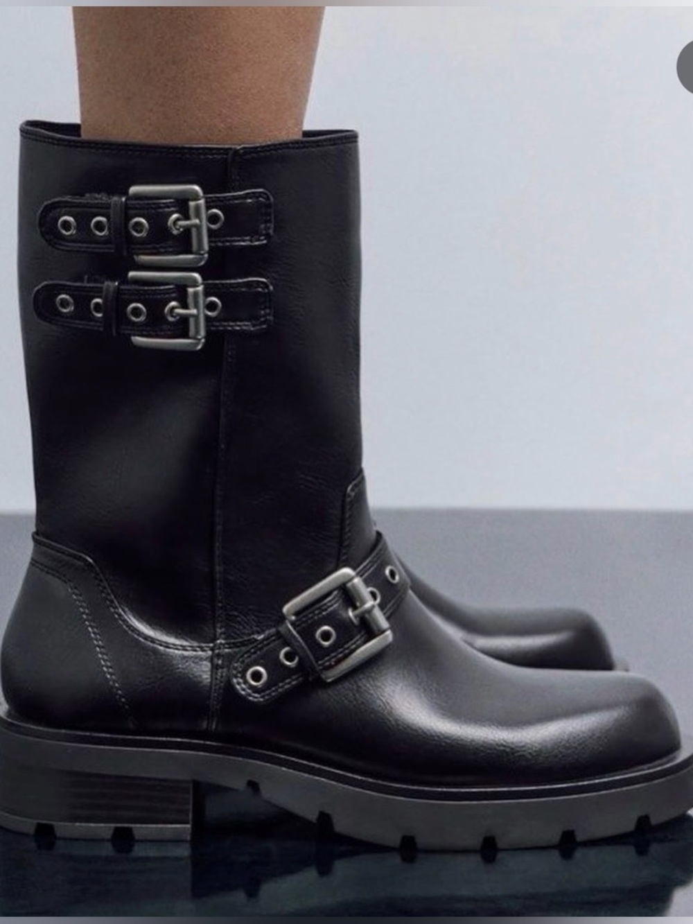 Zara Black Leather Combat Boots with Silver Buckles
